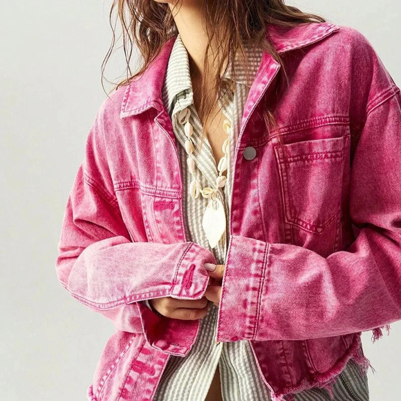 Hot Pink Casual Women's Loose Fit Dropped Shoulder Long Sleeve Washed Jacket - Picture 3 of 8